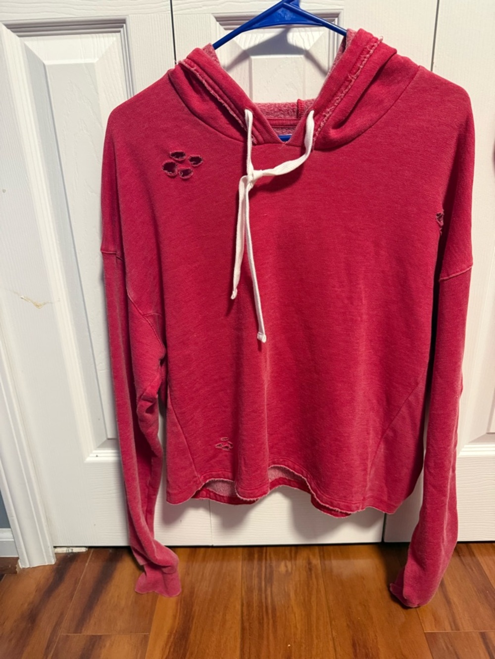 Colsie Distressed Hooded Pullover in Rose Red